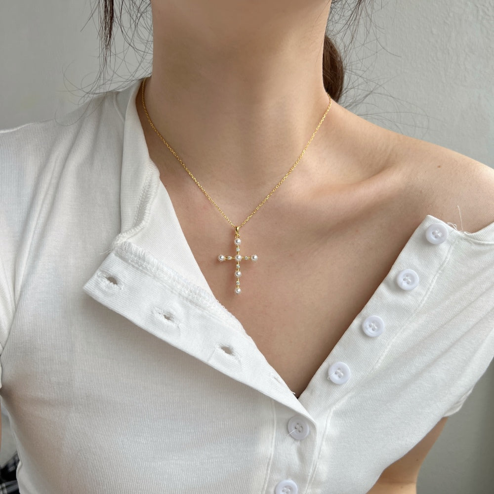 Pearl Cross and stones necklace